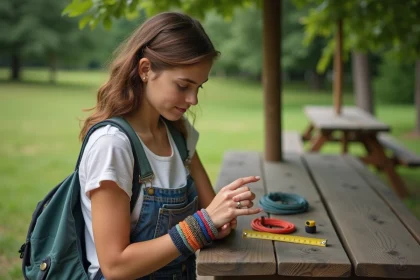 Jeune femme examinant des bracelets en paracord color&eacute;s