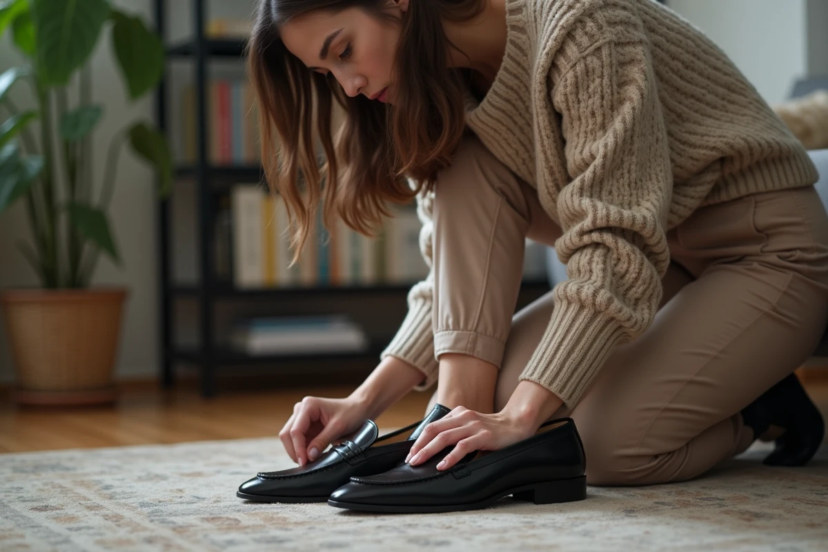Jeune femme ajustant un étireur de chaussures noires