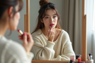Jeune femme appliquant du rouge à lèvres dans sa chambre lumineuse