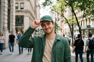 Jeune homme souriant ajustant son casquette en ville