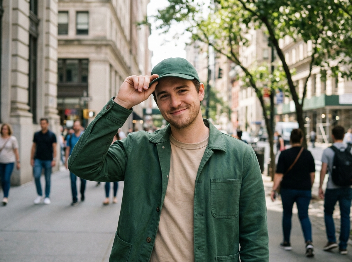 Jeune homme souriant ajustant son casquette en ville