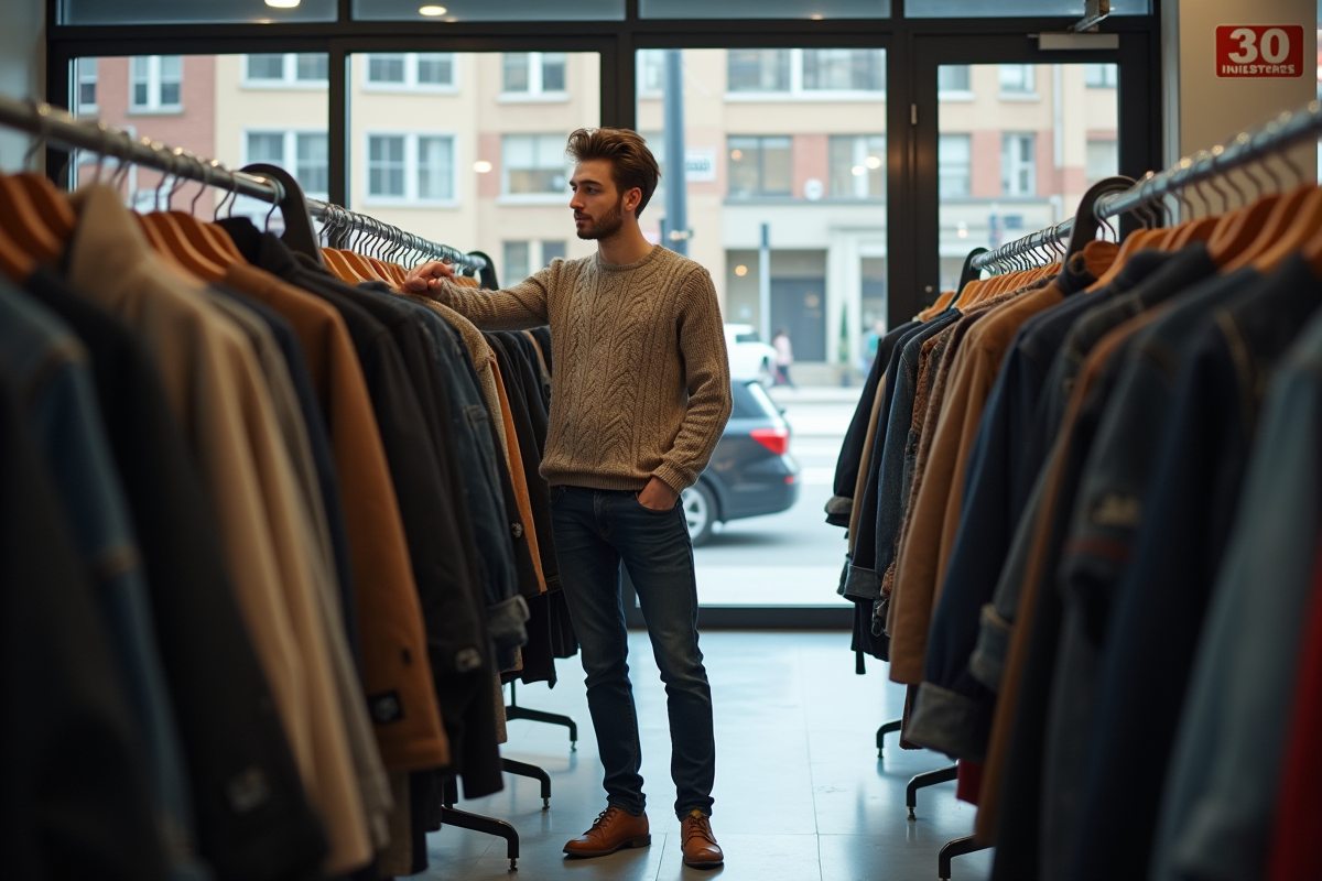Jeune homme regardant des vestes dans un magasin de seconde main