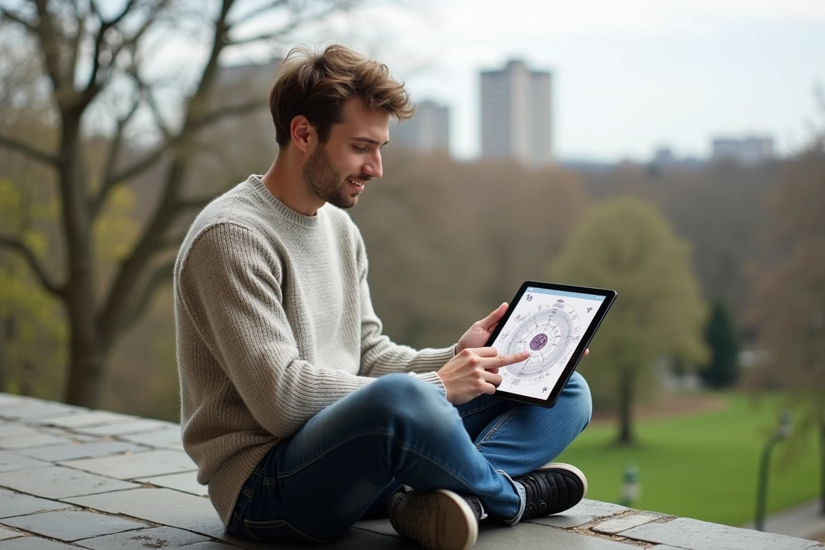 Jeune homme lisant un horoscope sur sa tablette en extérieur