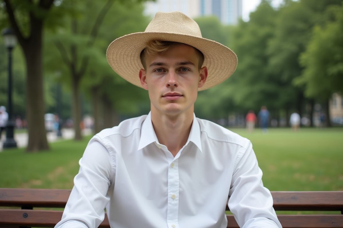 Jeune homme avec chapeau dans un parc urbain