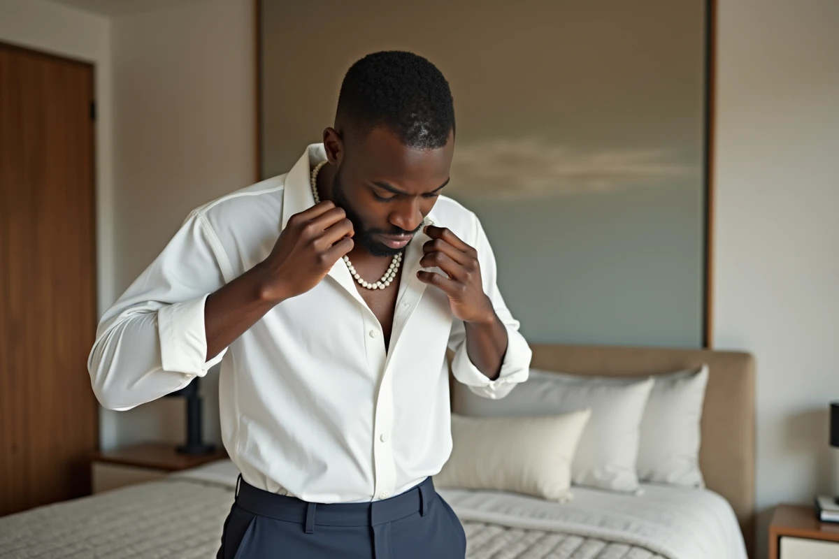 Jeune homme noir portant un collier de perles dans une chambre lumineuse