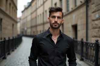 Jeune homme en noir sur un pont historique européen