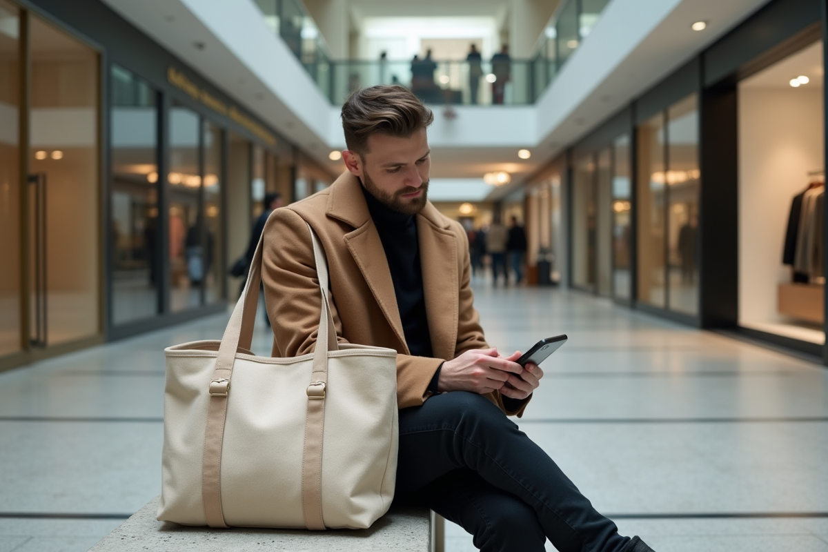 Jeune homme professionnel avec sac en toile dans un centre commercial