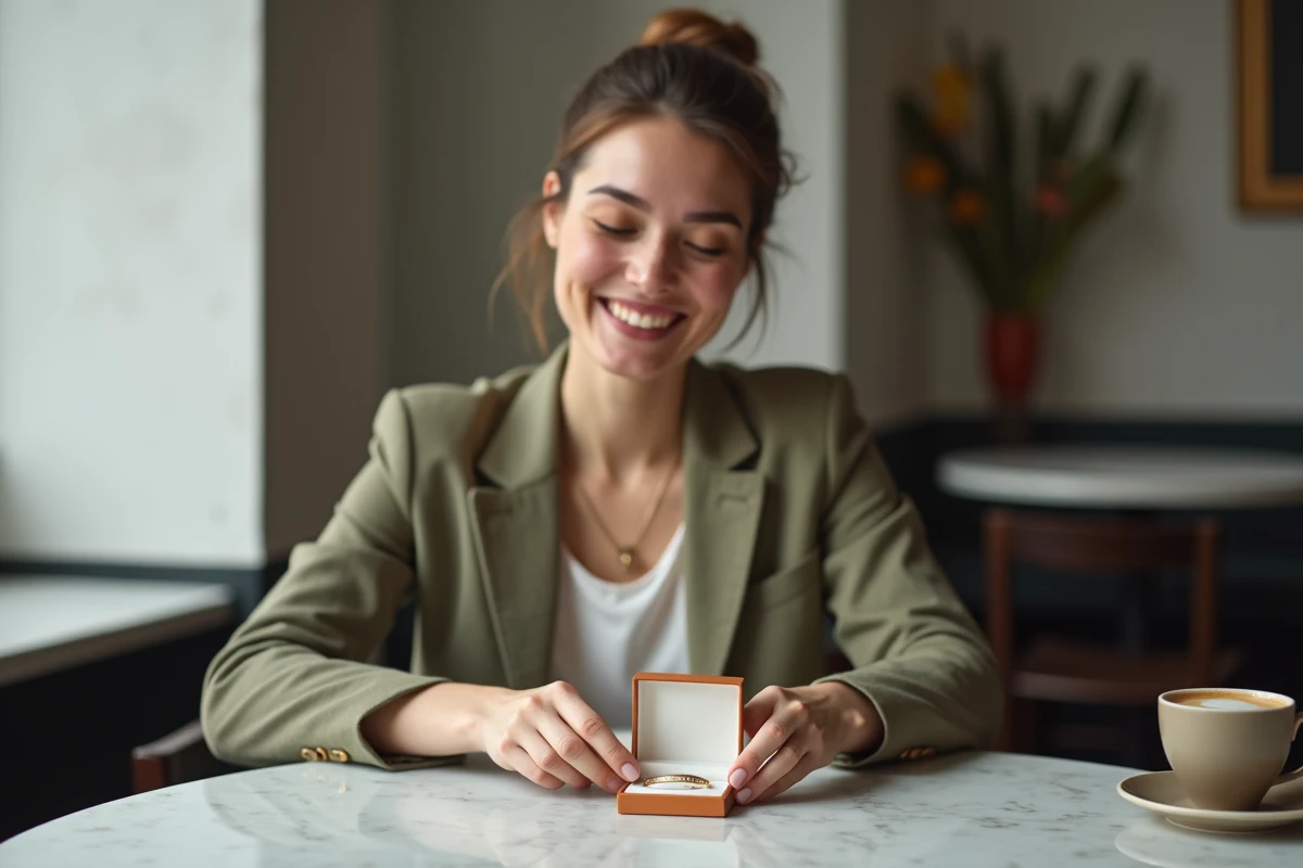 Femme découvrant un jonc personnalisé dans un écrin lors d'un moment cadeau dans un café moderne