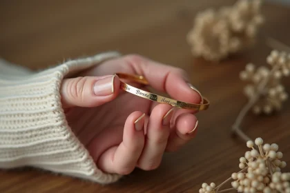 Jonc personnalisé en or avec gravure présenté par des mains féminines sur fond en bois naturel