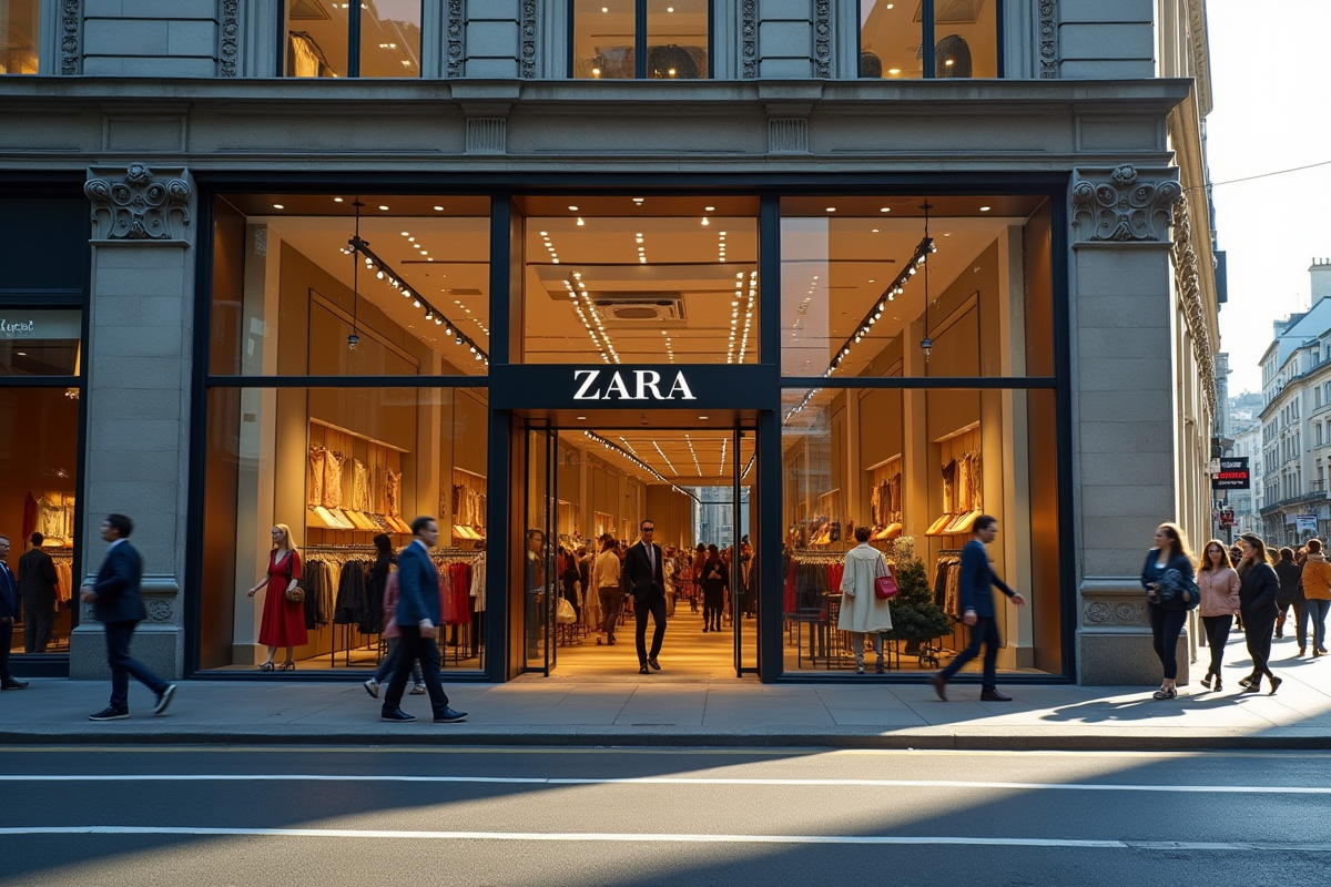 Une façade de magasin Zara animé dans une rue urbaine ensoleillée
