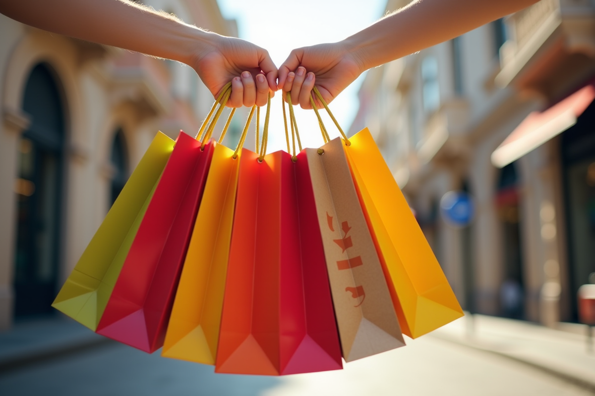 Mains tenant sacs de shopping avec étiquettes de soldes vives