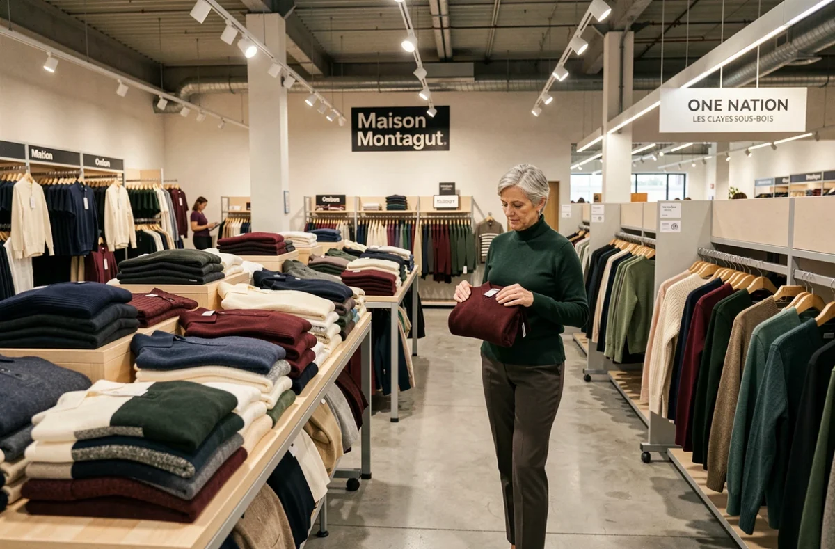 Stand Maison Montagut Outlet au centre commercial One Nation aux Clayes-sous-Bois avec pull en cachemire