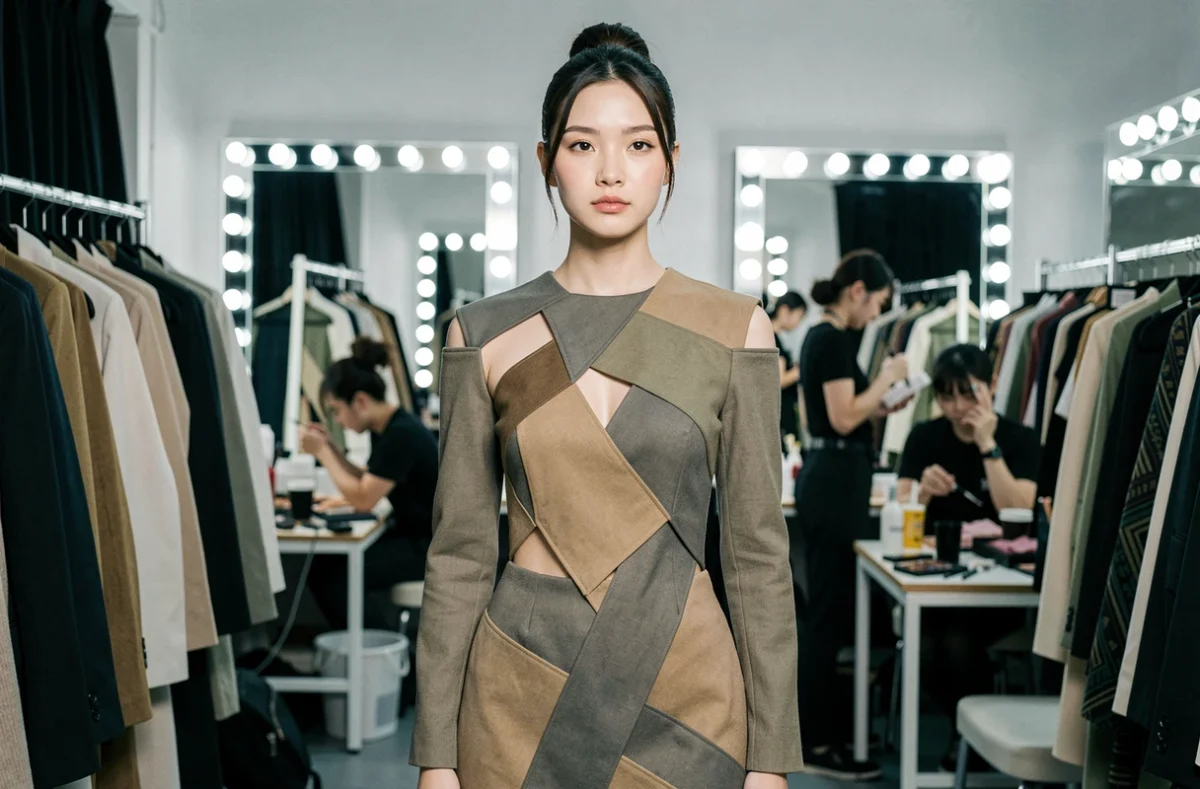Mannequin coréenne en coulisses d'un défilé de mode, portant une tenue éditoriale avant-gardiste avec un regard professionnel composé