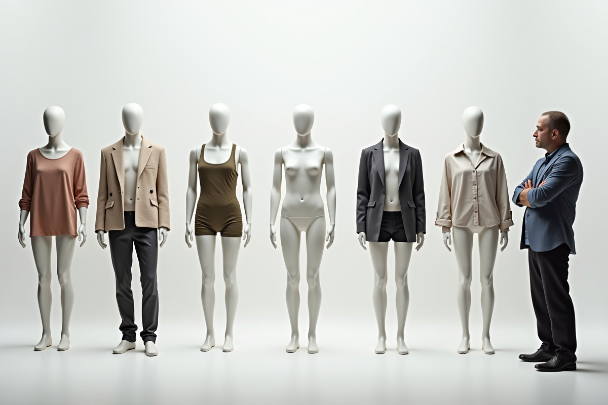 Mannequins variés avec homme regardant la mode