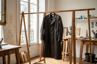 Manteau long en cuir noir accroché dans un atelier lumineux