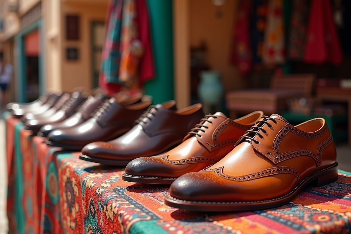 Vente de chaussures et accessoires en cuir dans un marché marocain