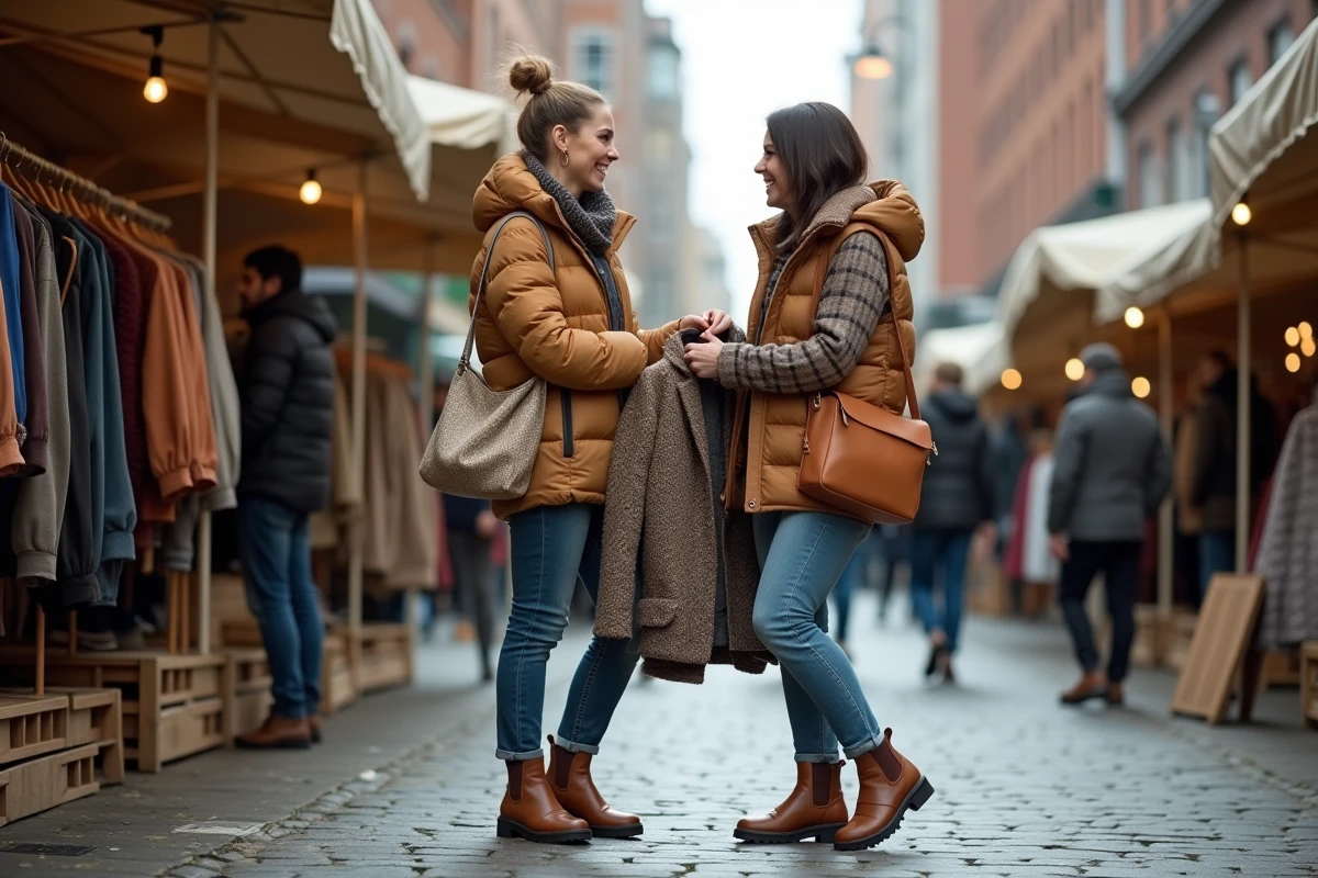 Deux amies qui comparent des vêtements tendance 2026 à un marché de mode urbain en plein air à petit budget