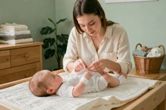 Jeune mère habillant son bébé avec un body en coton biologique doux, idéal pour les peaux sensibles, dans une chambre de bébé naturelle et apaisante