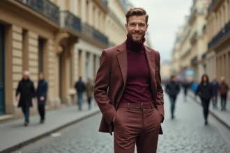 Homme en tenue années 60 mêlant pull col roulé vintage et pantalon de friperie avec sneakers modernes dans une rue parisienne