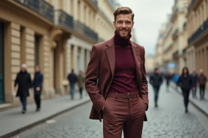 Homme en tenue années 60 mêlant pull col roulé vintage et pantalon de friperie avec sneakers modernes dans une rue parisienne