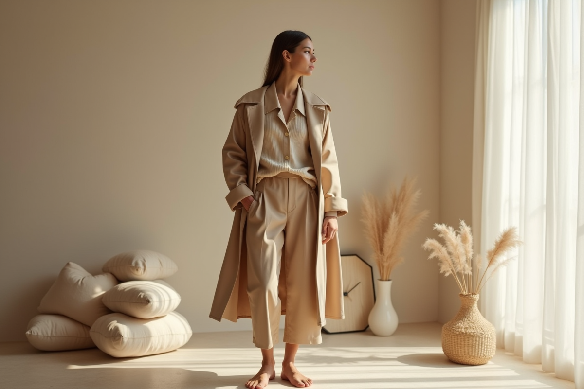 Modèle en vêtements durables dans un studio minimaliste