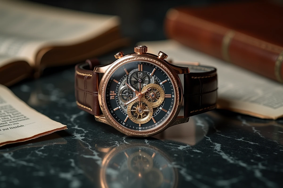 Montre mécanique de luxe à tourbillon en or rose posée sur du marbre noir avec journal financier, symbole d'investissement horloger haut de gamme