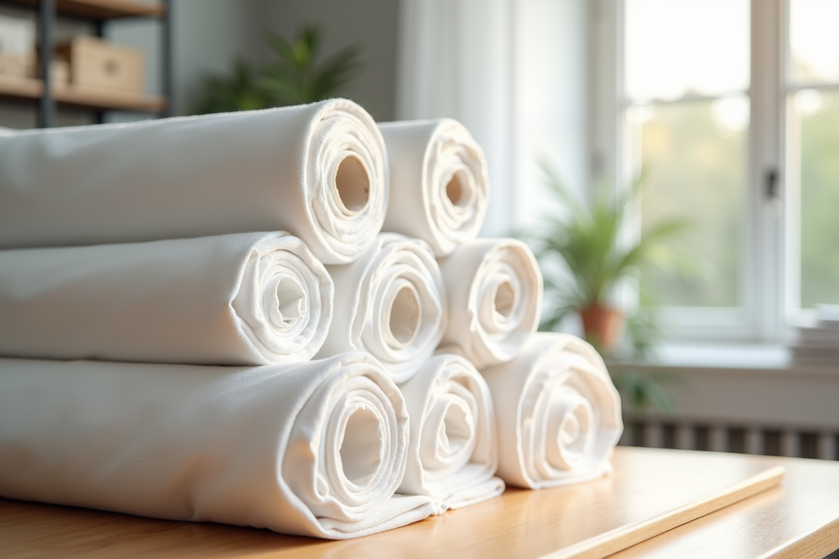 Fils de tissus blancs en rouleaux sur une table en bois