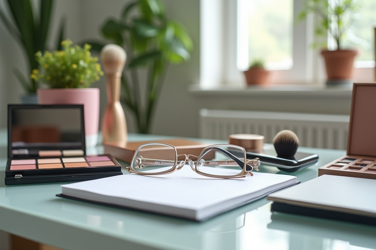 Outils de beauté et palettes de couleurs sur un bureau lumineux