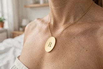 Pendentif ovale en or gravé d'une initiale porté sur une chaîne fine, gros plan sur le décolleté d'une femme dans un intérieur minimaliste