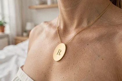 Pendentif ovale en or gravé d'une initiale porté sur une chaîne fine, gros plan sur le décolleté d'une femme dans un intérieur minimaliste