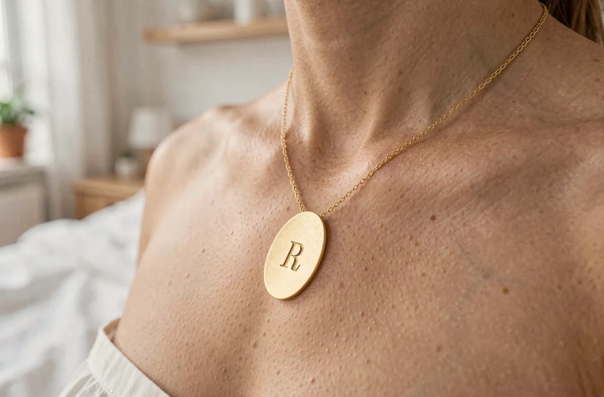 Pendentif ovale en or gravé d'une initiale porté sur une chaîne fine, gros plan sur le décolleté d'une femme dans un intérieur minimaliste