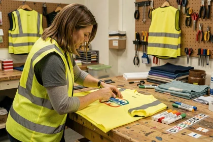 Femme personnalisant un gilet jaune avec des transferts thermocollants dans un atelier de bricolage communautaire