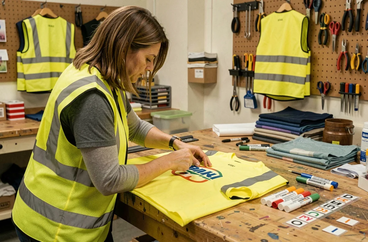Femme personnalisant un gilet jaune avec des transferts thermocollants dans un atelier de bricolage communautaire