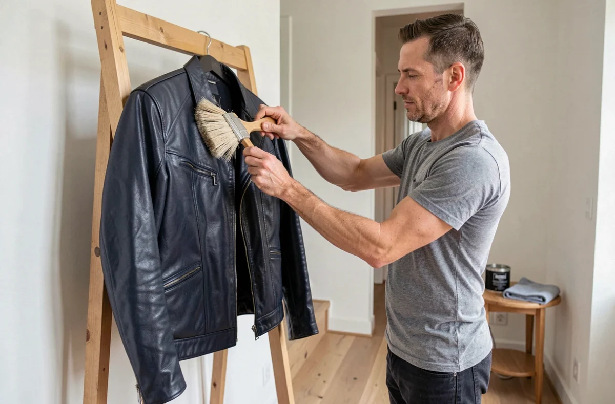 Homme brossant une veste en cuir marine avec une brosse en crin pour enlever l'excès de cire et raviver la couleur