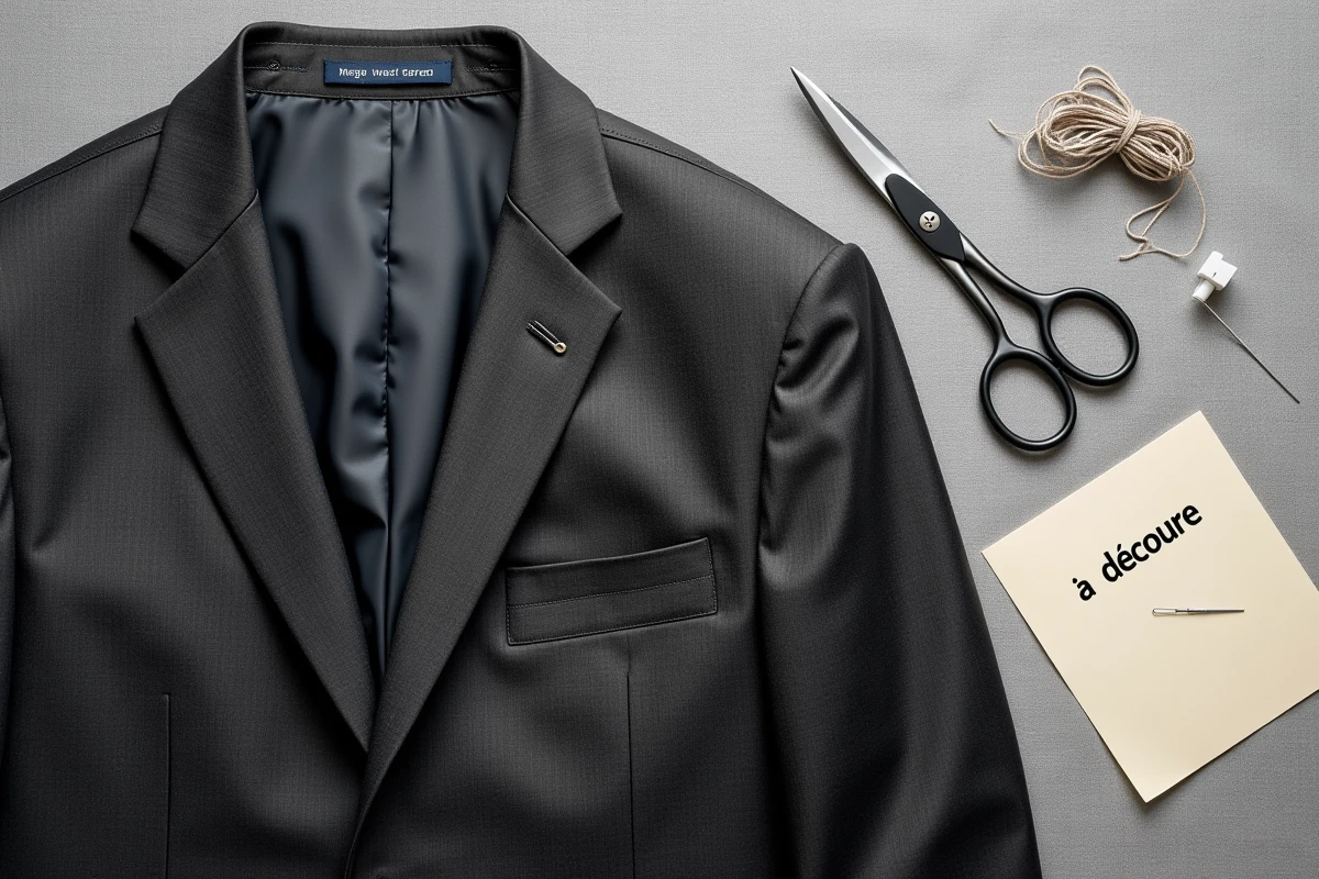 Pose à plat d'une veste de costume avec découseur et ciseaux de tailleur pour ouvrir les poches cousues