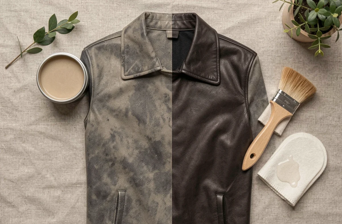 Mise à plat des produits pour cirer une veste en cuir foncé avec contraste visuel entre cuir sec et cuir ciré