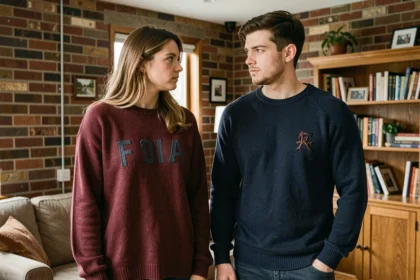 Couple portant des pulls personnalisés mal assortis avec des broderies décentrées, illustrant les erreurs courantes de style à deux