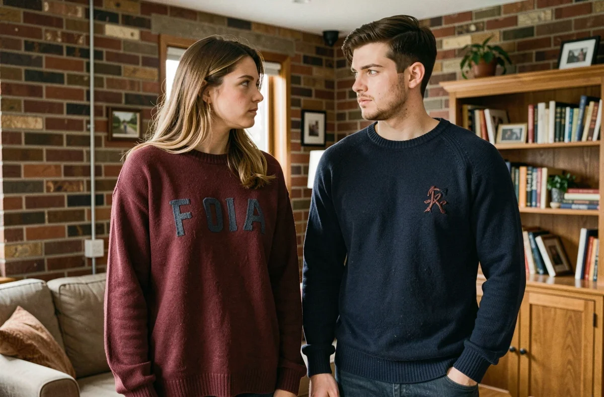 Couple portant des pulls personnalisés mal assortis avec des broderies décentrées, illustrant les erreurs courantes de style à deux