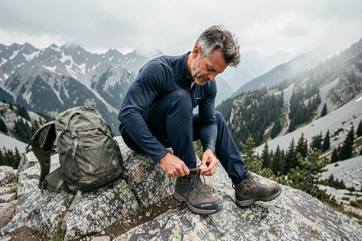 Randonneur lacant ses chaussures Salomon sur un sentier de trek en montagne