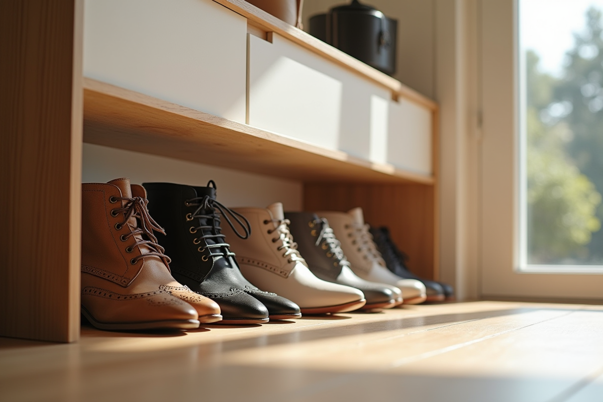 Rangement de chaussures organisee dans une entree lumineuse
