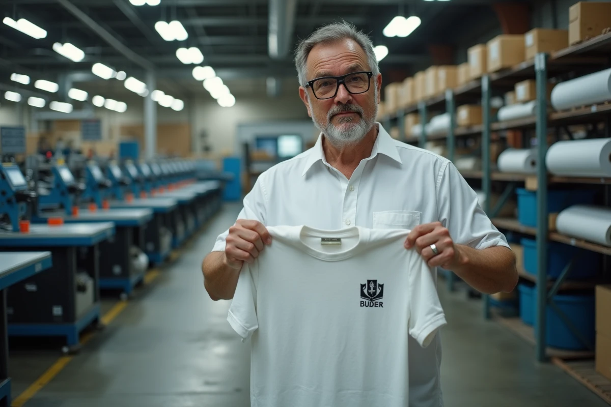 Responsable de production vérifiant le logo brodé d'une marque de vêtement dans un atelier d'impression industriel
