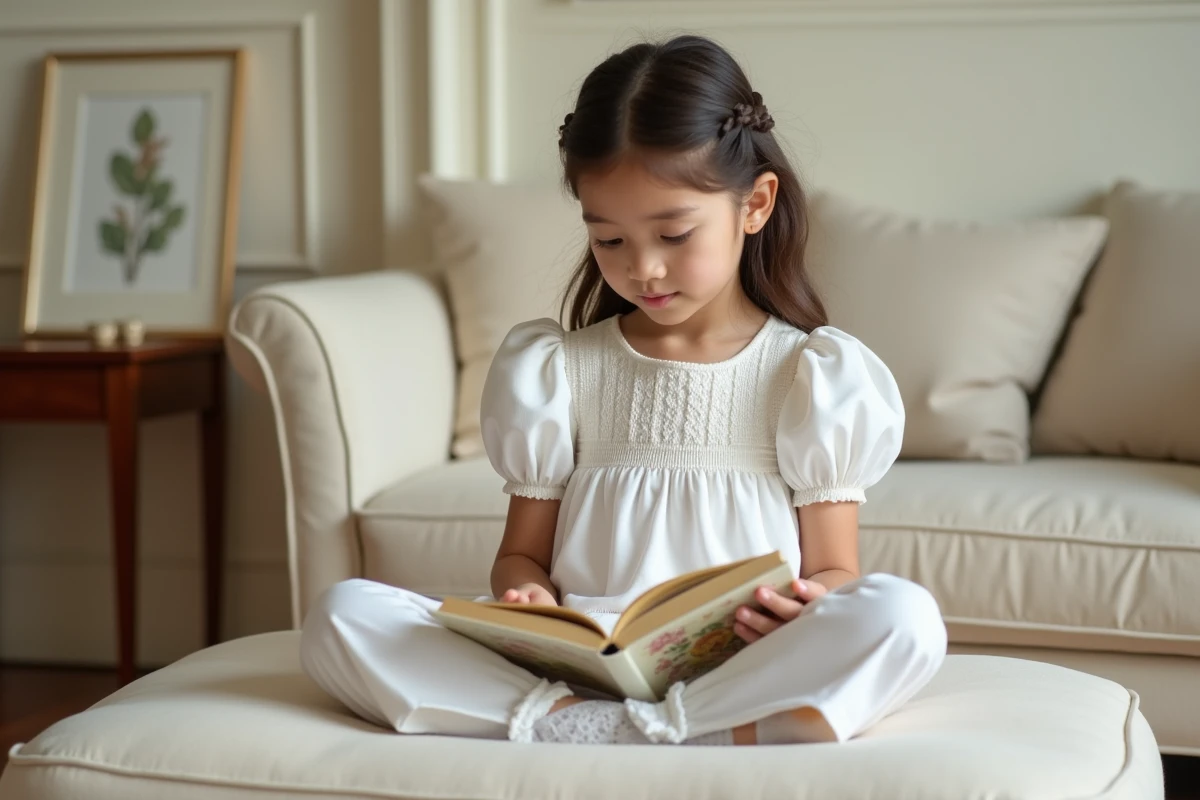 Fillette en robe blanche brodée smockée assise confortablement sur un pouf en lin dans un intérieur élégant et lumineux