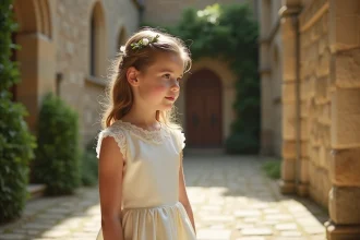 Jeune fille en robe de cérémonie ivoire avec dentelle dans une cour d'église en pierre, coiffure bouclée avec accessoire floral