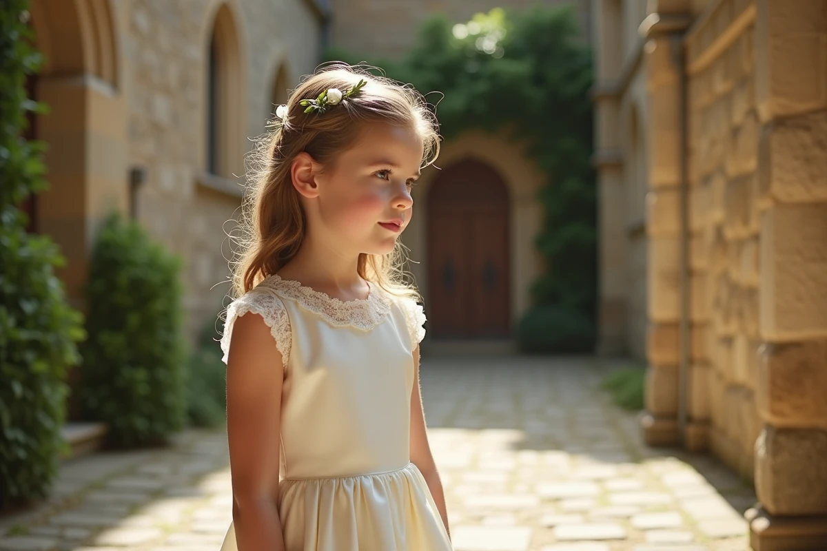 Jeune fille en robe de cérémonie ivoire avec dentelle dans une cour d'église en pierre, coiffure bouclée avec accessoire floral