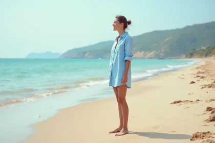 Femme portant une robe chemise courte en coton bleu ciel sur une plage de sable, vue de trois quarts face à la mer