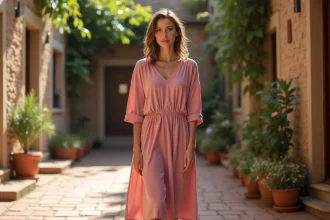 Femme en robe en coton coupe A-line rose poudré dans une cour intérieure urbaine aux murs en pierre