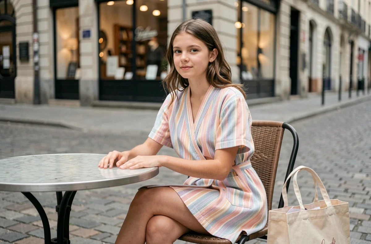 Jeune adolescente en robe courte rayée pastel assise en terrasse, style tendance et sage approuvé par les parents