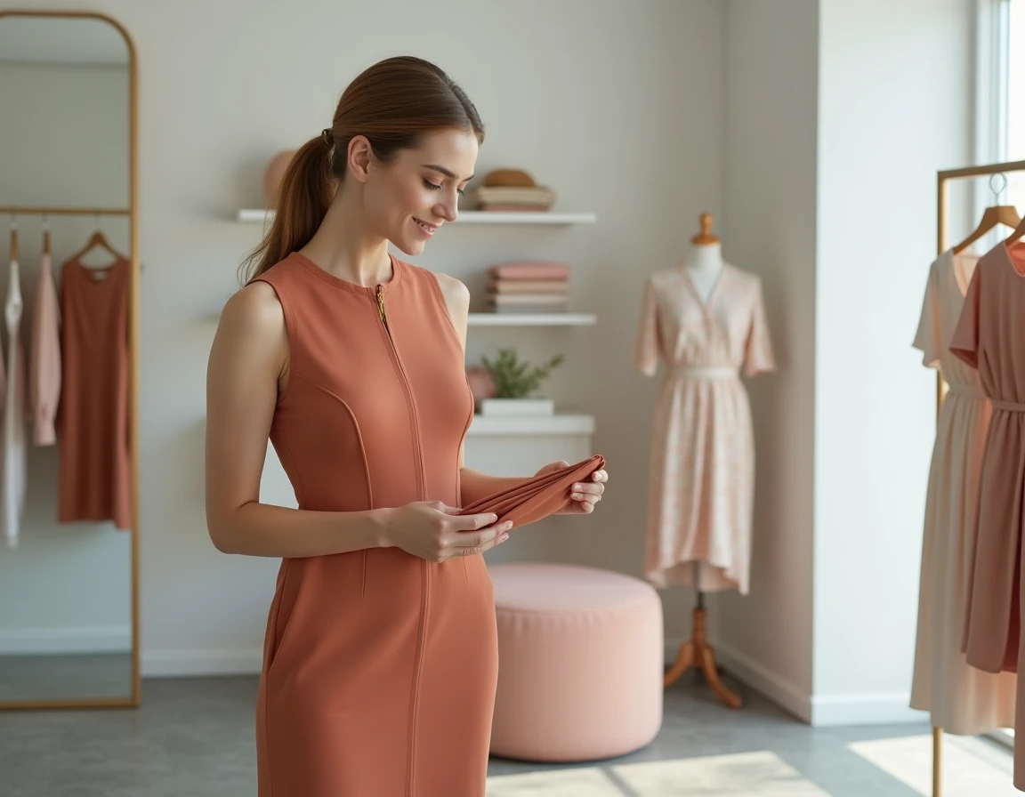 Femme en robe crayon sans manches en popeline de coton terracotta dans une boutique moderne, robe structurée et élégante pour l'été