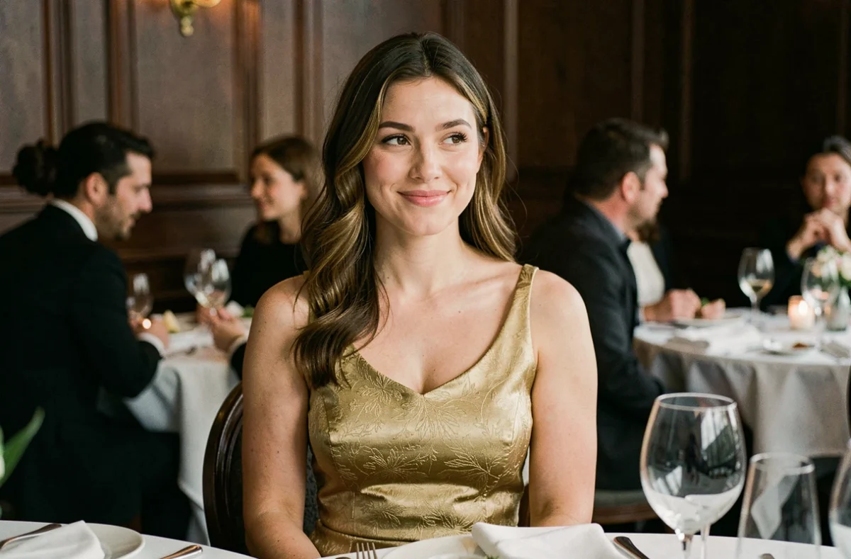 Jeune femme en robe courte dorée assise à une table de restaurant chic, sourire naturel et tenue soirée élégante