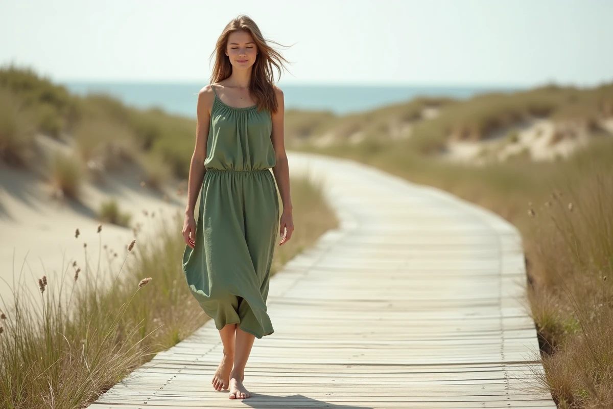 Jeune femme en robe midi droite en coton vert sauge marchant pieds nus sur un chemin en bois face aux dunes côtières